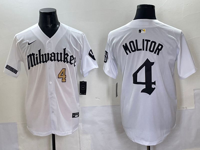 Men 2025 Milwaukee Brewers #4 Molitor White Five generations Joint Name Nike MLB Jersey style 4->milwaukee brewers->MLB Jersey